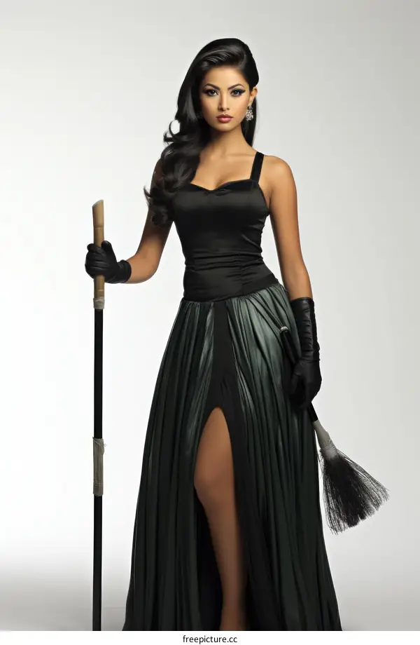 glamorous woman in evening gown holding broom and dustpan