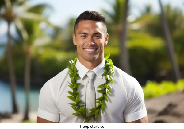Portrait of a smiling man wearing a white shirt and tie, with a green lei around his neck.