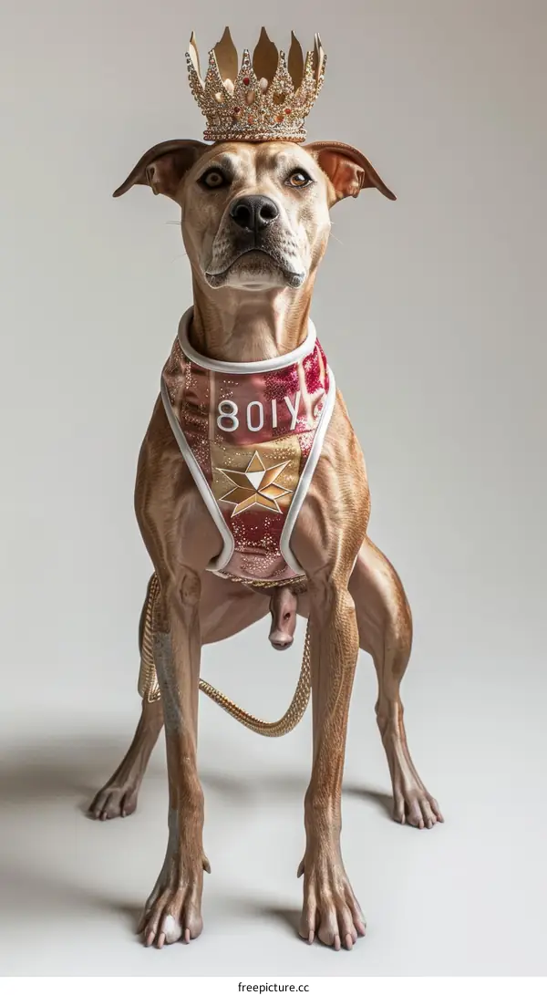 A brown dog wearing a golden crown and a red and gold harness with a star on it