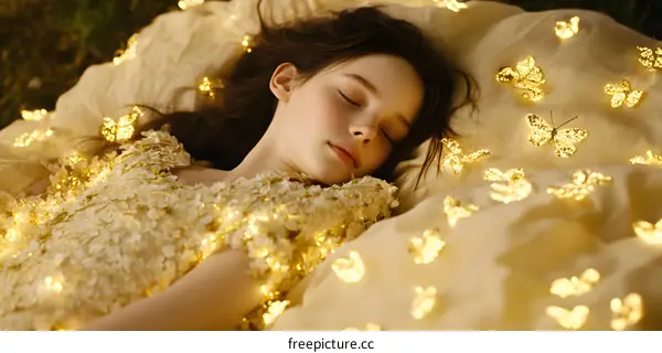 Girl Sleeping With Butterfly Lights