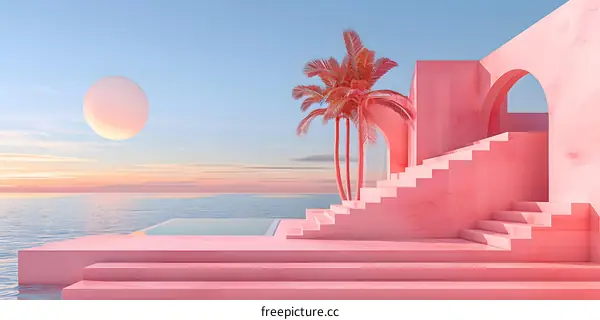 pink surreal seascape with stairs and palm trees
