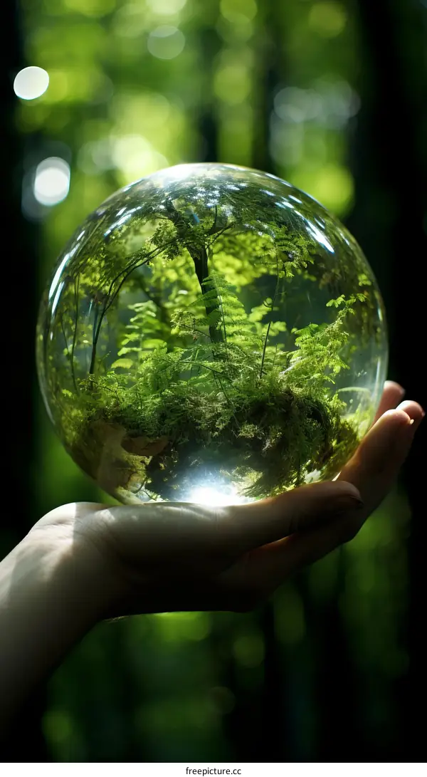 A hand holding a glass ball with a forest inside