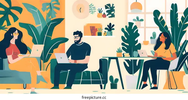 Three People Working From Home Office Illustration