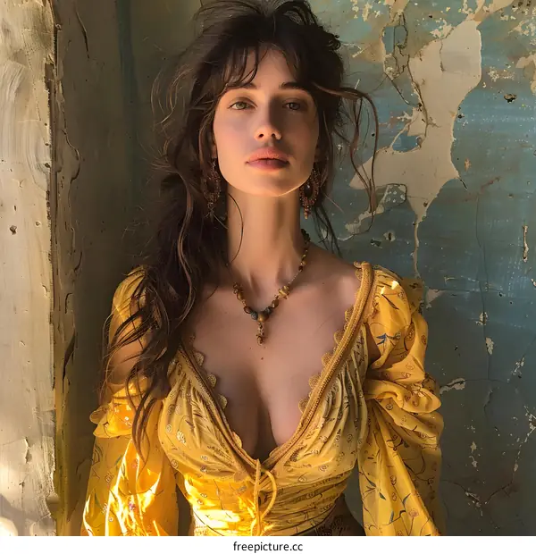 portrait of a beautiful woman in a yellow dress