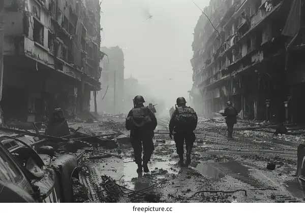 Two soldiers walking through a destroyed city
