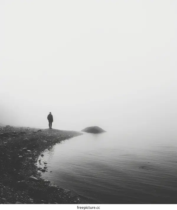 Man walking alone on a foggy beach