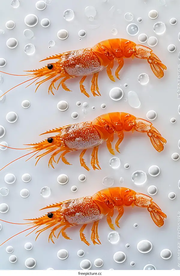 Three Orange Shrimps on White Surface with Bubbles