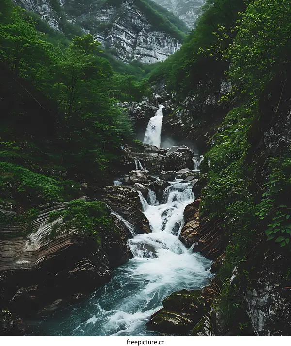 Waterfall flowing through a lush green forest