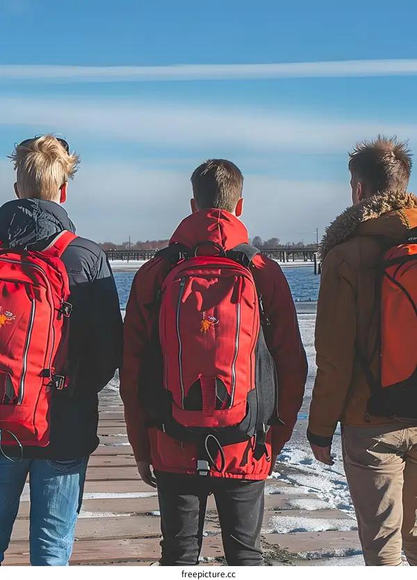 Three Friends With Backpacks Looking At The Horizon