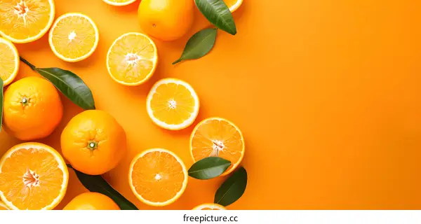Fresh Oranges and Green Leaves on an Orange Background