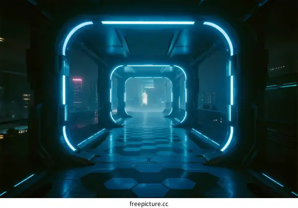 Futuristic Sci-Fi Corridor with Neon Lights and Holographic Elements