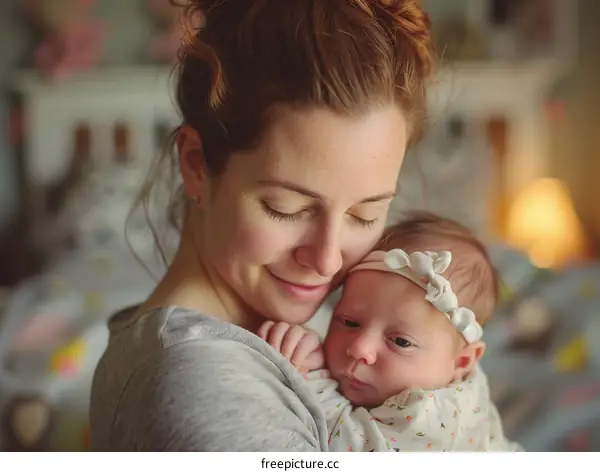 A mother is holding her newborn baby in her arms