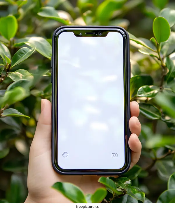White Screen Smartphone Mockup with Green Leaves