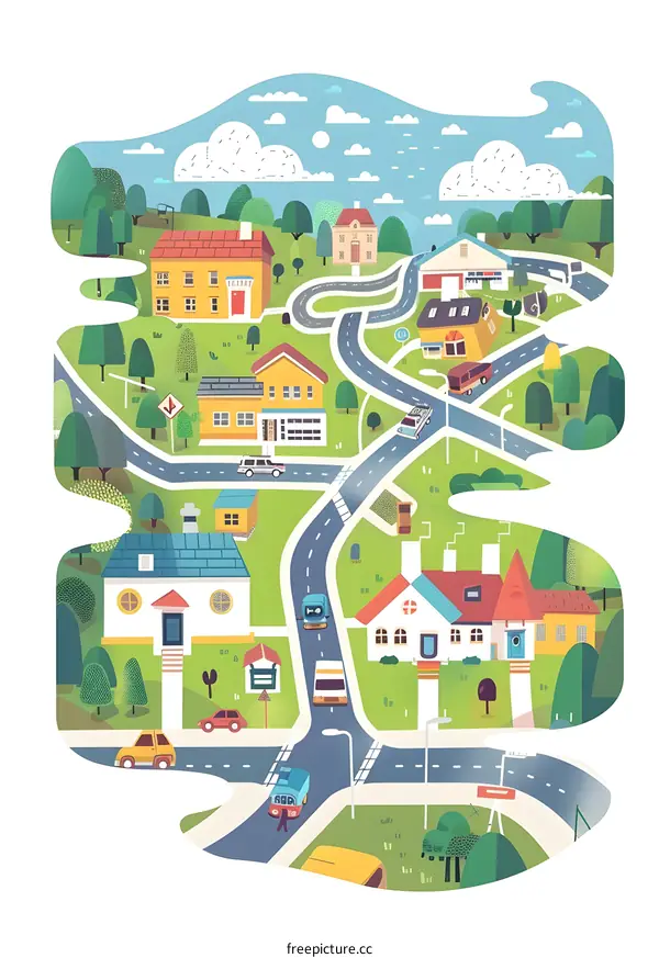 Cartoon Illustration of a Suburban Neighborhood with Houses, Cars, and Roads