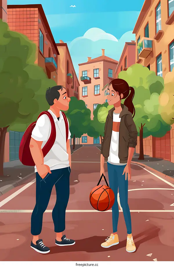 Two Young Adults Talking About Basketball on a Street in the City