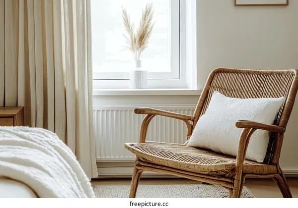 Beige Neutral Bedroom with Rattan Chair