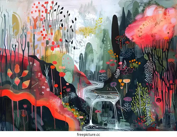 Abstract Art Painting With Stream And Waterfall