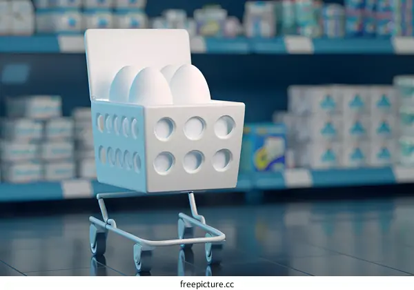 White Eggs In A Shopping Cart In The Supermarket
