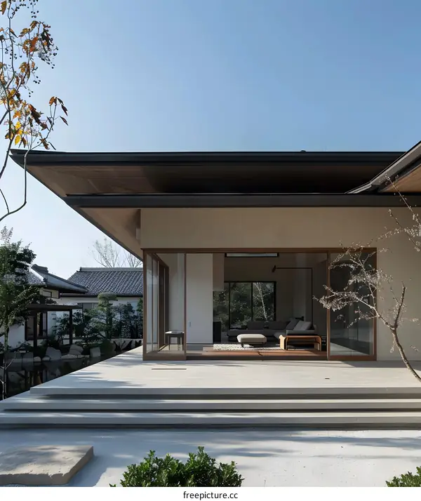 Modern Japanese Home with Sliding Glass Doors and Stone Patio