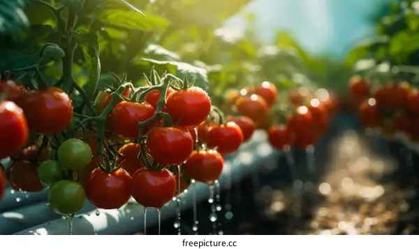 Close-up of ripe tomatoes growing in a greenhouse