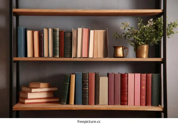 Wooden Bookshelf with Stacked Books and Decorations