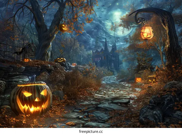 Eerie Halloween Scene with Haunted House and Glowing Pumpkins
