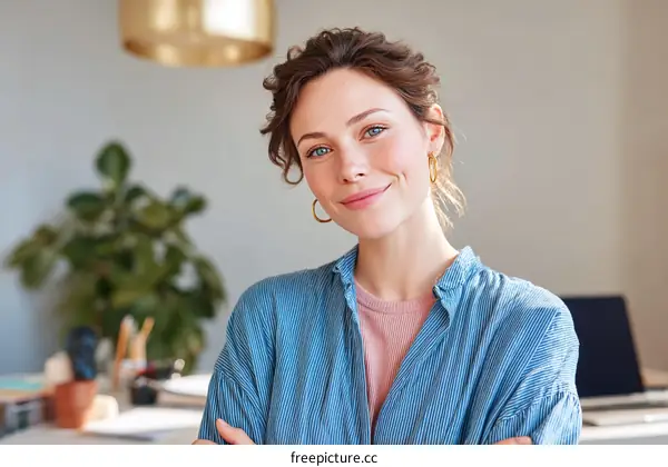 Smiling woman in a light blue shirt