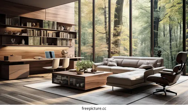 Modern Home Office with Large Windows and Minimalist Decor