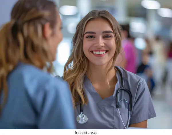 Two female nurses talking in a hospital hallway