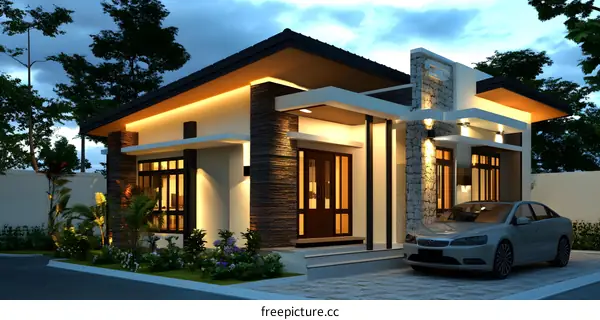 Modern Minimalist House Design with Stone Wall and Car