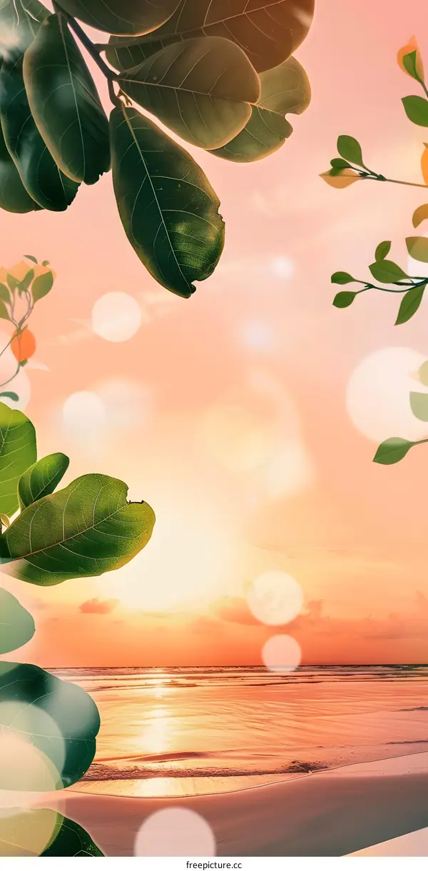 Sunset Beach Landscape With Green Leaves