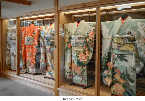 A variety of colorful kimono on display in a traditional Japanese house