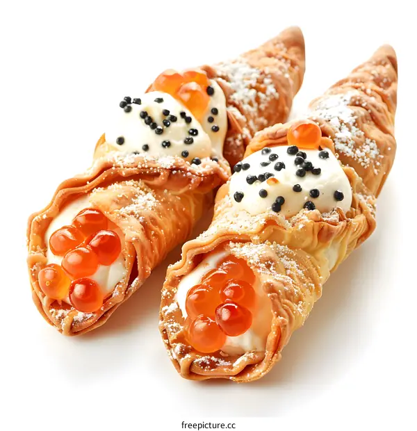 Two cream filled pastry horns with red and black caviar