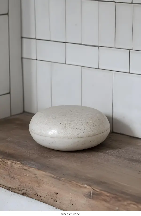 White Ceramic Stone on Wooden Shelf Against White Tile