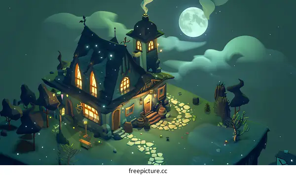 Fantasy House Illustration with Moon and Stars