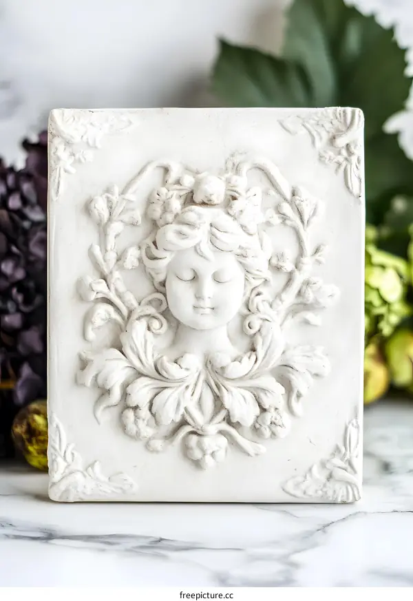 White Ceramic Plaque with Floral Design