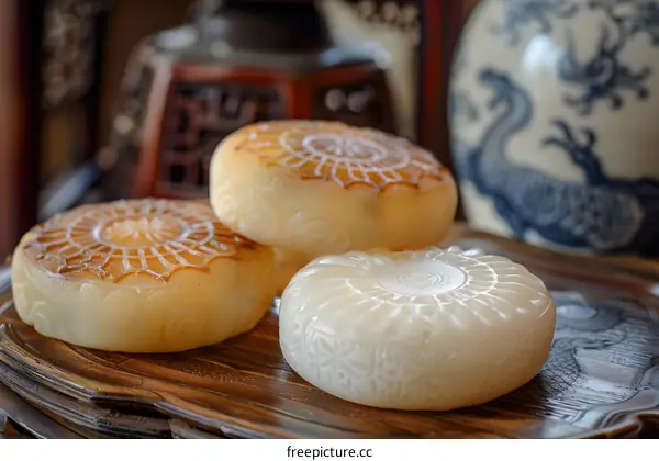 Close Up of Traditional Chinese Moon Cakes on Wooden Tray