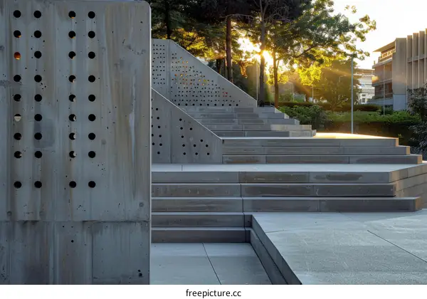 Modern concrete amphitheater with perforated walls and steps