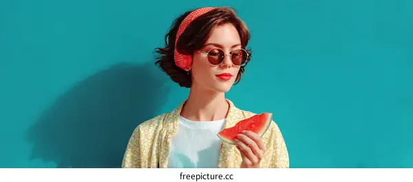 Woman Eating Watermelon Fashion Portrait