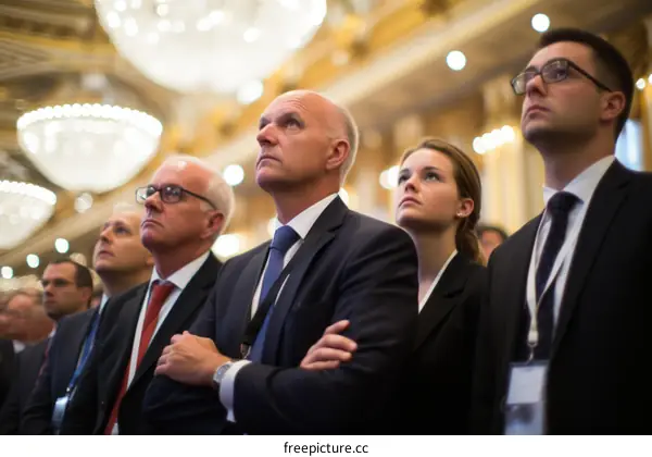 A group of people in suits and ties are looking up at something.