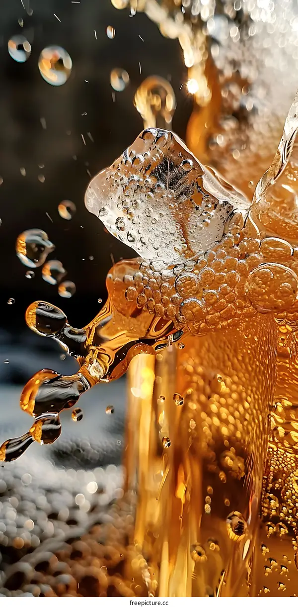 Close Up Macro Photography Of Water Droplets Splashing In A Glass Of Beer