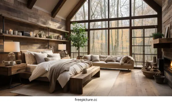 Cozy Bedroom with Fireplace and Forest View