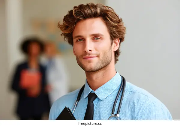 Young male doctor in blue shirt with stethoscope