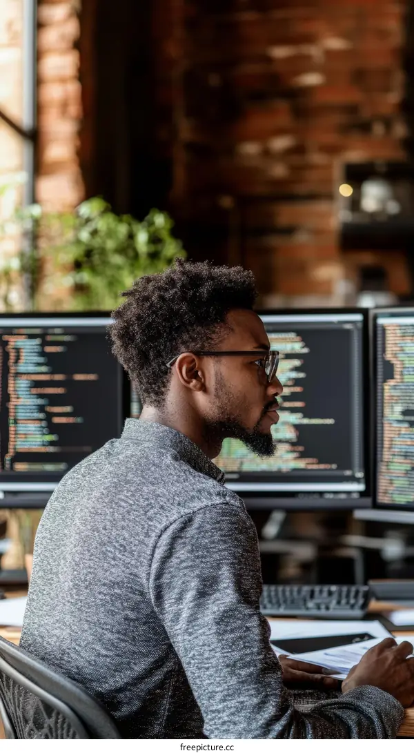African American Man Programming in a Modern Office