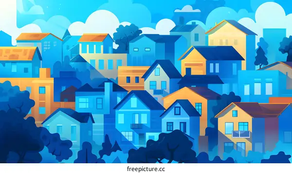 Blue and Yellow Houses Illustration