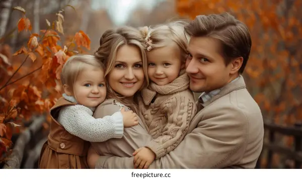 Family of four in autumn forest