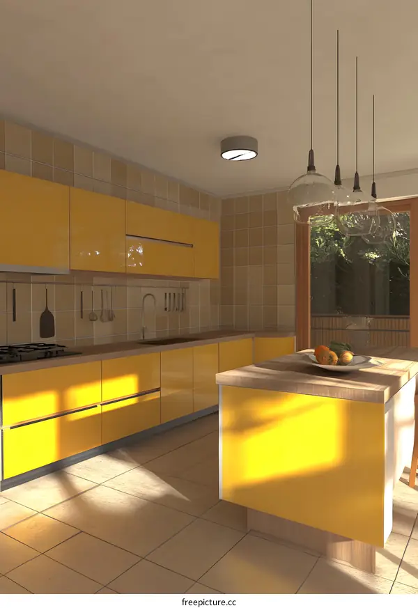 Modern Kitchen Interior Design with Yellow Cabinets and Wooden Countertop