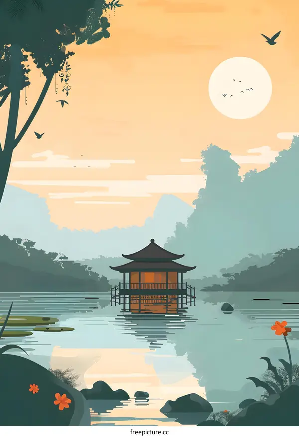 Peaceful Sunset Landscape With Pagoda On Water