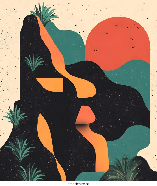 Abstract Landscape Illustration with a Sun and Plants