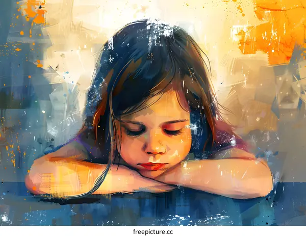 An illustration of a girl with her head resting on her arms